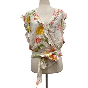 Calypso St. Barth Floral Wrap Ruffle Linen Blend Natural Shirt Size Large NWOT